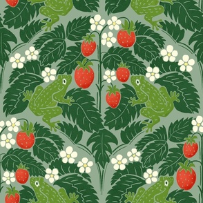 Frogs And Wild Strawberries On Pale Green