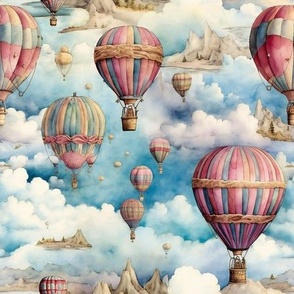 9x9 Rescale of #15255609 ~ Hot Air Balloons, Colorful Watercolor Fantasy Rainbow, Clouds Sky Stars Steampunk, Pink