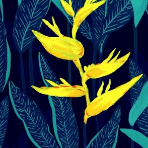 Large Moody Tropical Jungle Forest Night Yellow Heliconia with Deep Dark Blue Background
