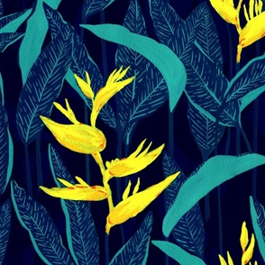 Medium Moody Tropical Jungle Forest Night Yellow Heliconia with Deep Dark Blue Background