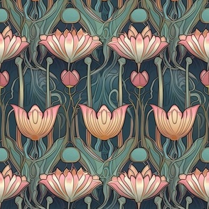 art nouveau floral lotus in gold pink and green