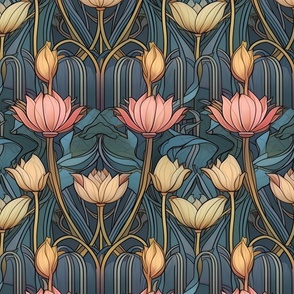 art deco lotus in pink and gold green