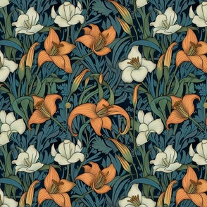 william morris inspired art nouveau lilies in orange and white