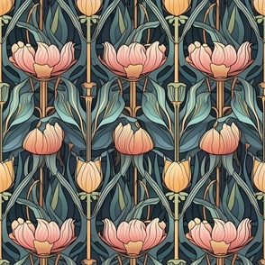 art nouveau floral lotus in pink gold and green