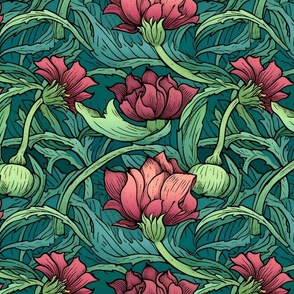 william morris inspired art nouveau lotus in red and green