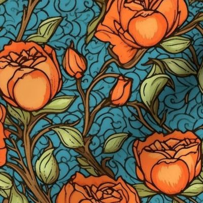 william morris inspired art nouveau roses in orange and red