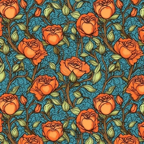 william morris inspired art nouveau roses in orange and red