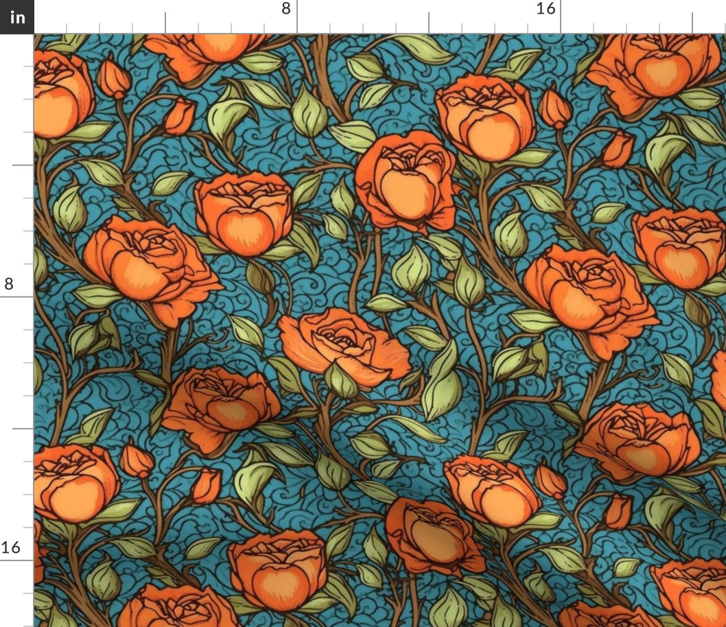 william morris inspired art nouveau roses in orange and red