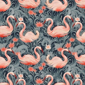 art nouveau pink red flamingo floral