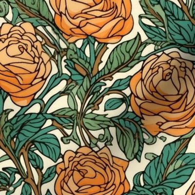 art nouveau roses in orange and peach inspired by william morris