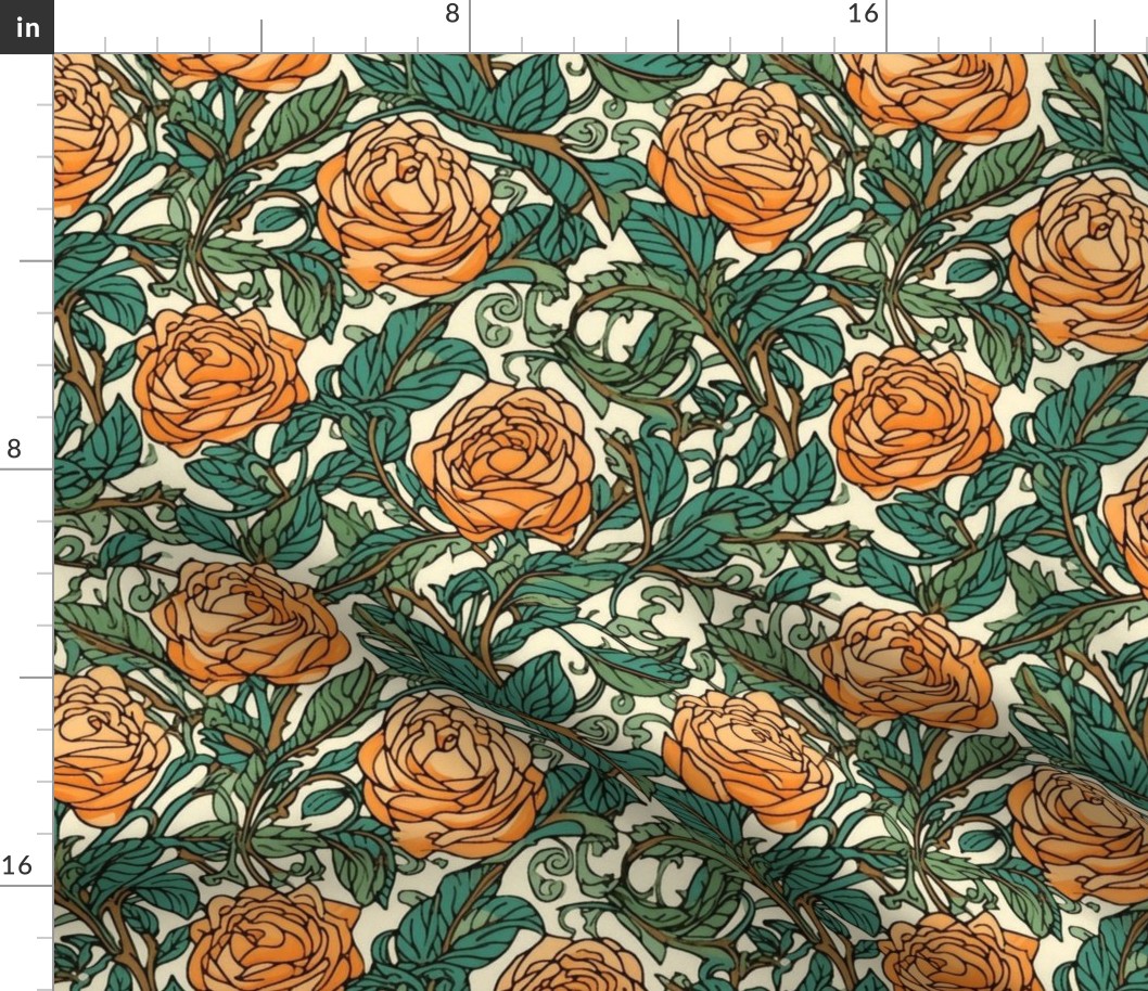 art nouveau roses in orange and peach inspired by william morris