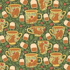 Kitten Tea Cups, Tea Bags & Tea Plant on Forest Green | Small | Cozy Evening with Cats Illustrated Pattern