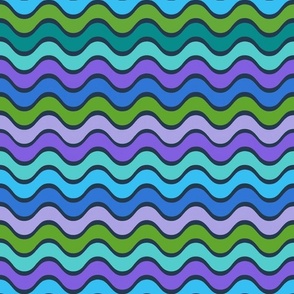 Bigger Scale Wavy Stripes in Blue Green and Purple on Navy
