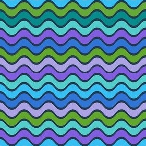 Smaller Scale Wavy Stripes in Blue Green and Purple on Navy