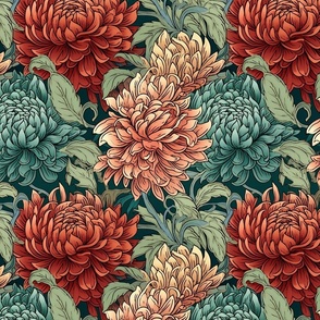 william morris inspired art nouveau dahlia in red and pink peach