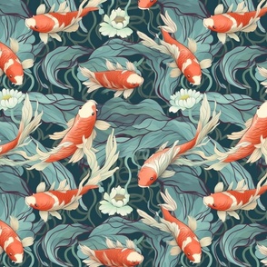 art deco japanese koi fish pond in orange and green