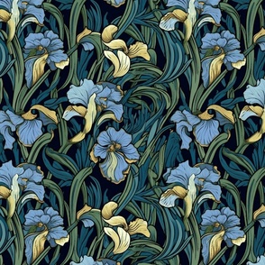 william morris inspired art nouveau iris in blue and yellow