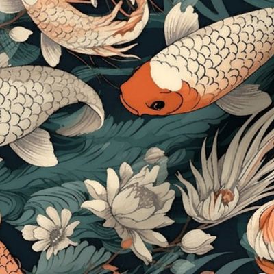 koi fish pond in japanese art deco botanical