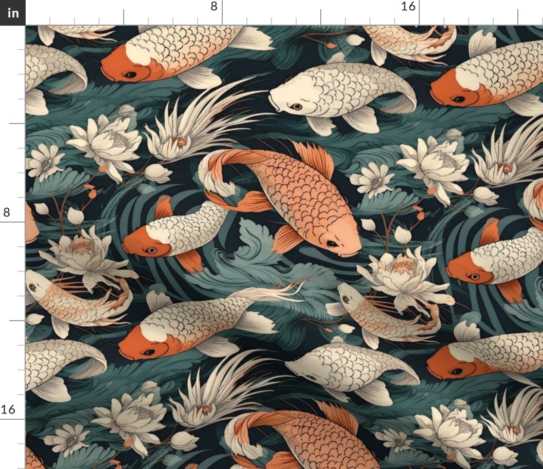 koi fish pond in japanese art deco botanical