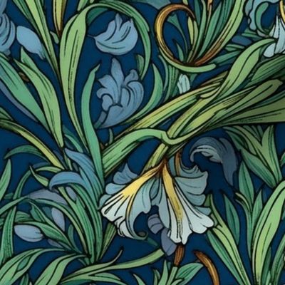 william morris inspired art nouveau iris in blue and yellow