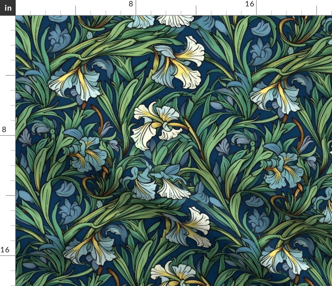 william morris inspired art nouveau iris in blue and yellow