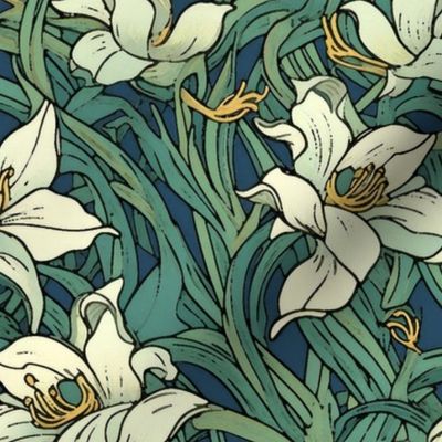 art nouveau lilies in white and gold inspired by william morris