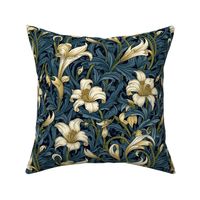 william morris inspired art nouveau lilies in white and gold