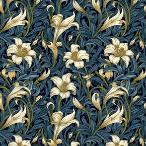 william morris inspired art nouveau lilies in white and gold