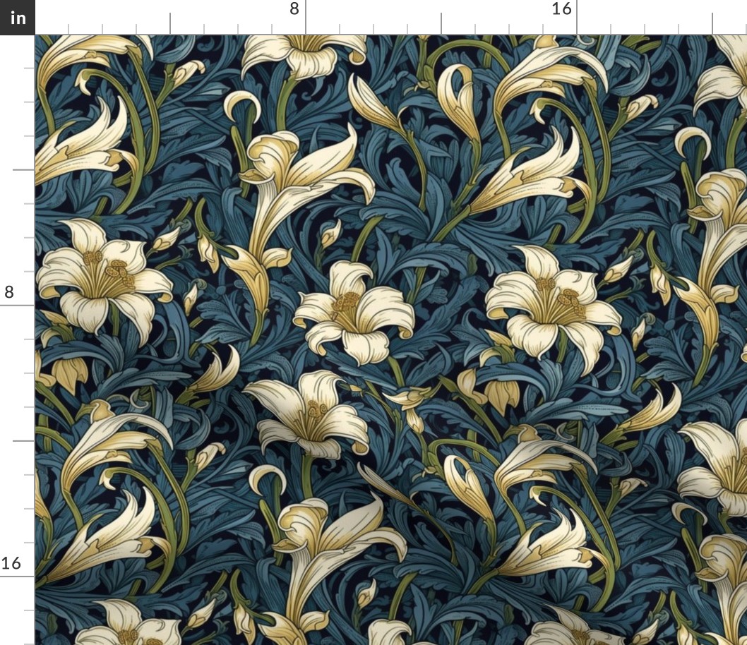 william morris inspired art nouveau lilies in white and gold