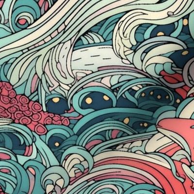 japanese inspired ocean waves of kawaii tentacles in green pink and red