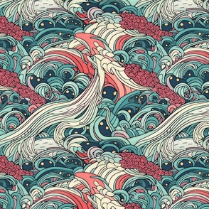 japanese inspired ocean waves of kawaii tentacles in green pink and red