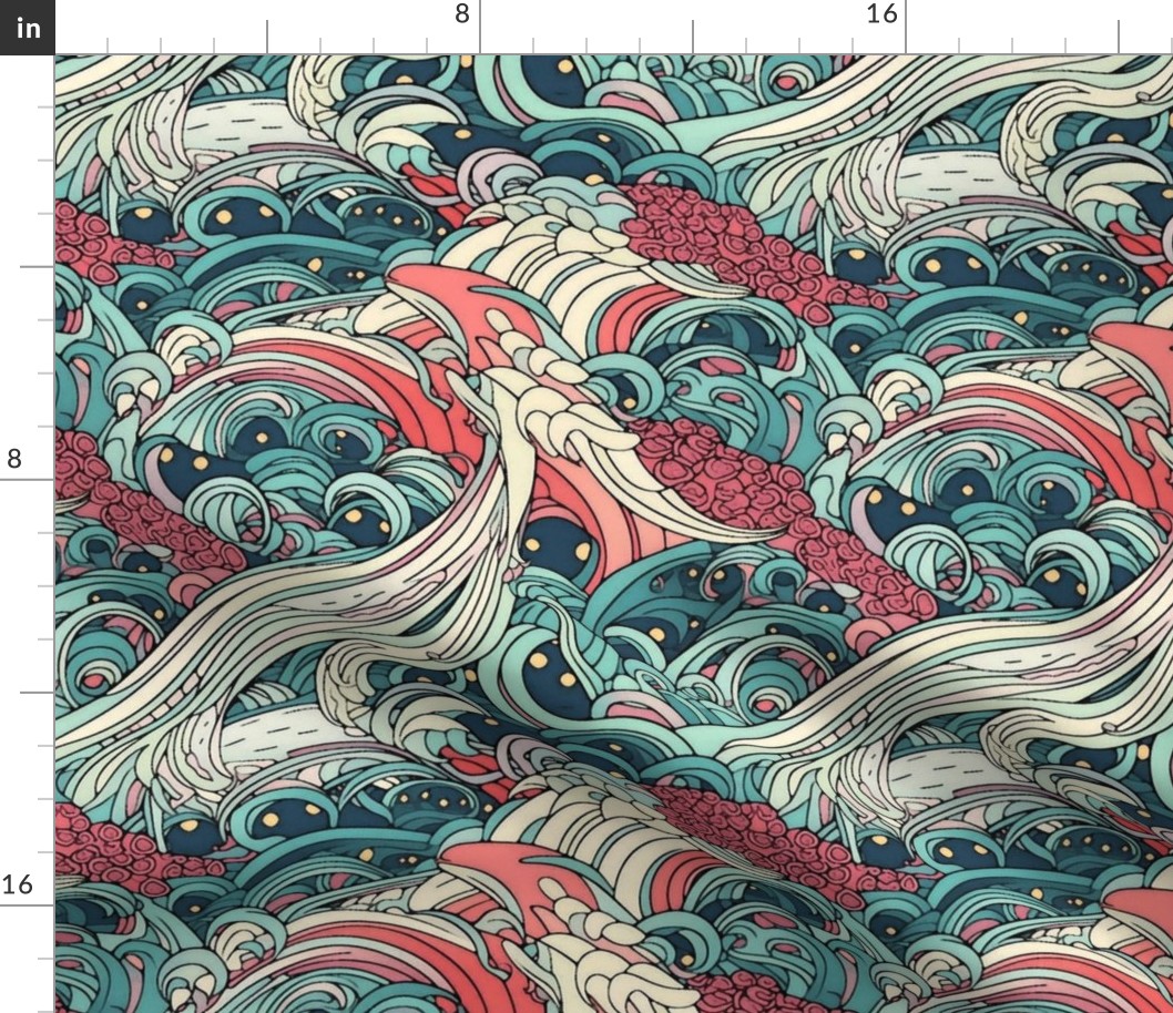 japanese inspired ocean waves of kawaii tentacles in green pink and red