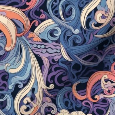 japanese art nouveau tentacle waves in purple blue and orange