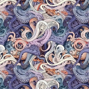 purple pink and peach orange art nouveau japanese tentacles and waves