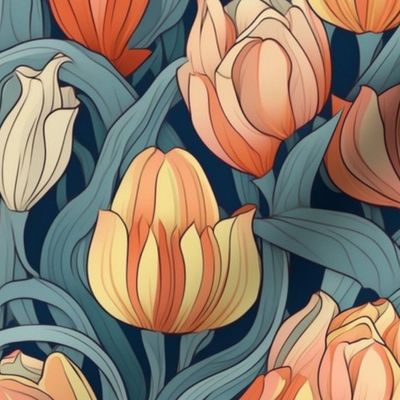 art nouveau tulips in orange gold and red peach