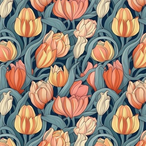 art nouveau tulips in orange gold and red peach