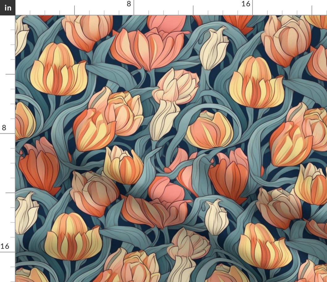 art nouveau tulips in orange gold and red peach