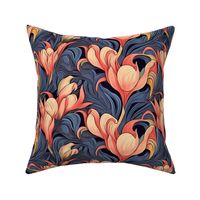 art nouveau tulips in peach pink and blue gray
