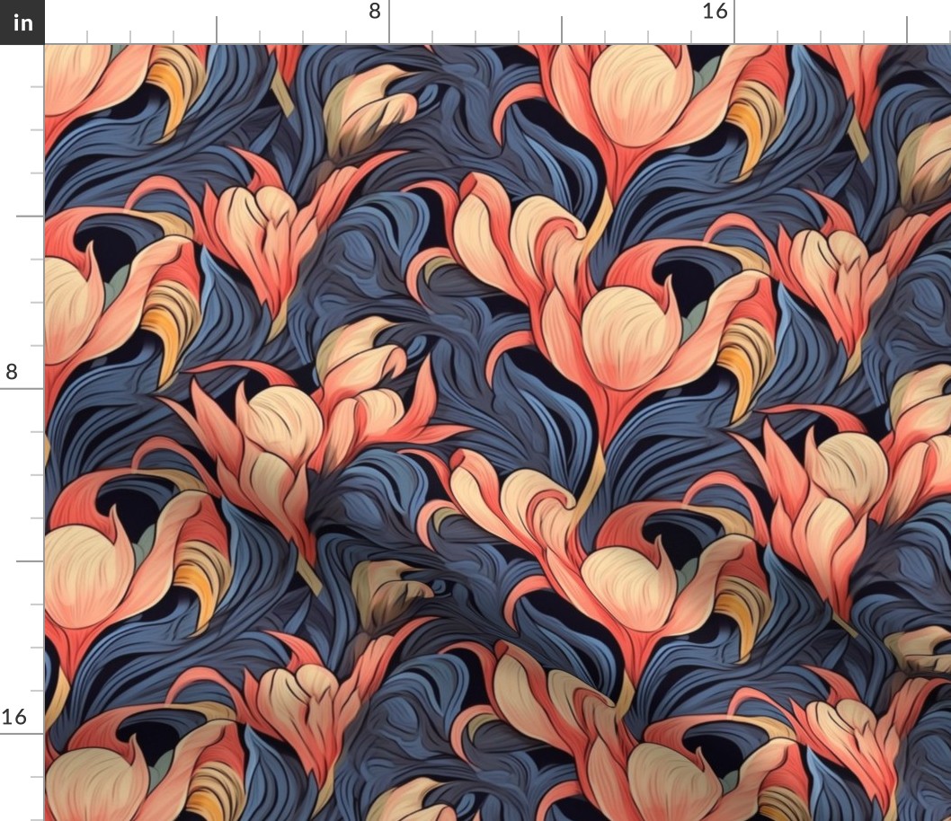 art nouveau tulips in peach pink and blue gray