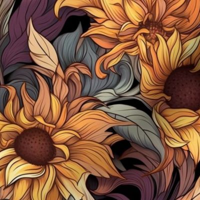 art nouveau sunflowers in gold brown and green