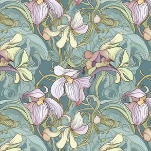 art nouveau orchid botanical in purple and yellow green