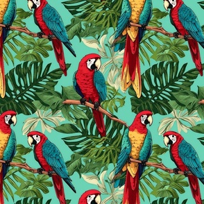 tropical parrot flock in red gold and blue teal