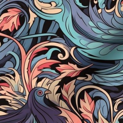 purple blue ravens in an art nouveau pink red japanese forest