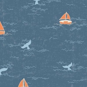 Vintage whale watching sailing boats with textured wavy ocean ripples - dark blue