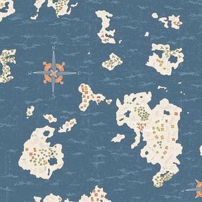 vintage textured fantasy map with dark blue ocean and orange compass