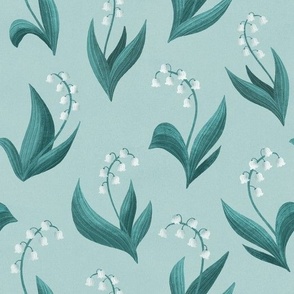 MEDIUM Elegant Modern Hand-Drawn Textured Lily of the Valley on a Light Pastel Blue Background