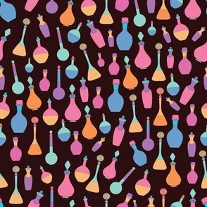 black background with hand drawn neon coloured potion bottles pattern
