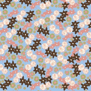 Brown pink white flowers on a blue background
