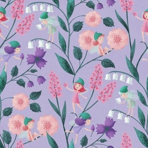 MEDIUM Four Pink, Green and Purple Hand-Drawn Spring Flower Fairies on a Lilac background