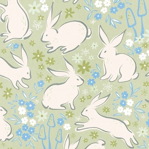 (M) Boho Whimsical Bunnies and Mushrooms Spring Easter Sage Green and Blue #easterrabbits #Springdecor #pasteldecor